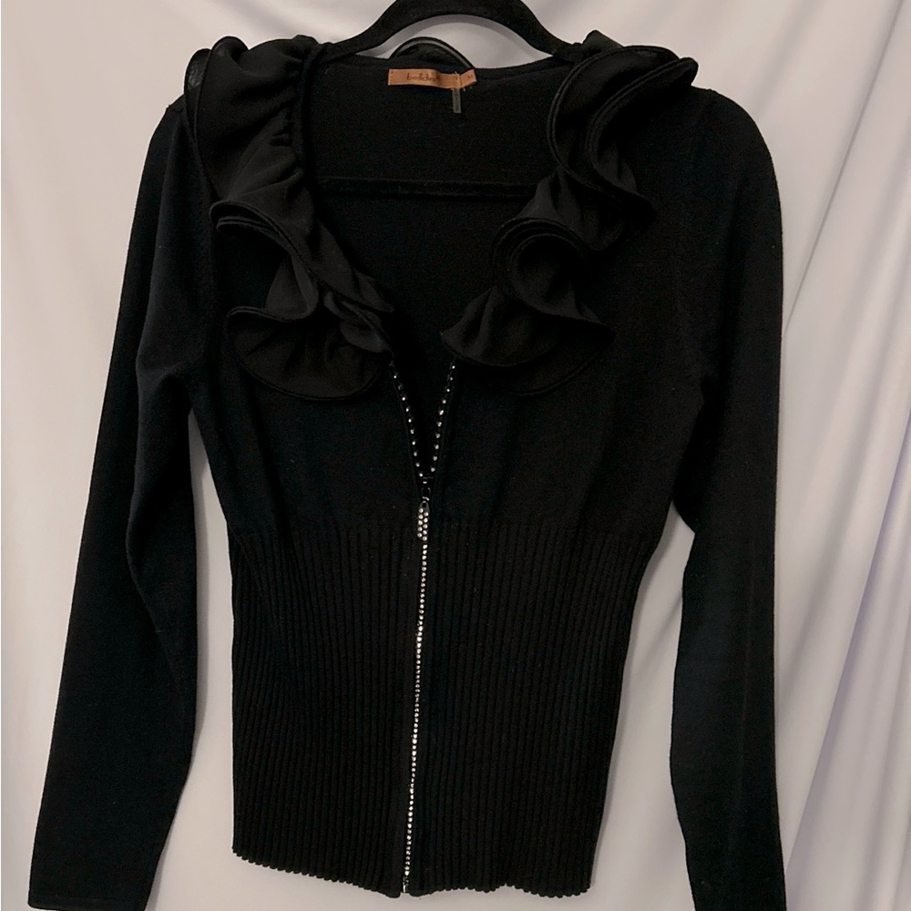Belldini Black Ruffled Zip Up Cardigan Sweater, Size M